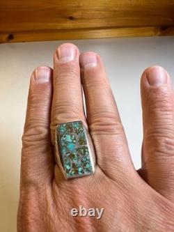 Vintage Zuni Sterling Silver Cobble Inlay Turquoise Statement Ring Signed Haloo Vintage Zuni Sterling Silver Cobble Inlay Turquoise Statement Ring Signed Haloo