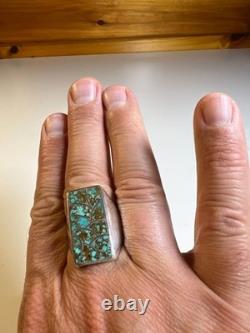 Vintage Zuni Sterling Silver Cobble Inlay Turquoise Statement Ring Signed Haloo