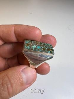 Vintage Zuni Sterling Silver Cobble Inlay Turquoise Statement Ring Signed Haloo