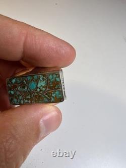 Vintage Zuni Sterling Silver Cobble Inlay Turquoise Statement Ring Signed Haloo