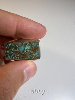 Vintage Zuni Sterling Silver Cobble Inlay Turquoise Statement Ring Signed Haloo