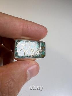 Vintage Zuni Sterling Silver Cobble Inlay Turquoise Statement Ring Signed Haloo
