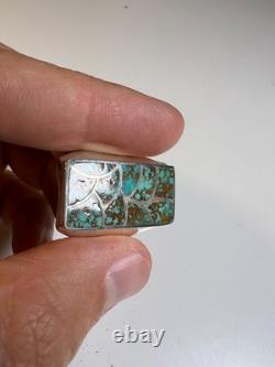 Vintage Zuni Sterling Silver Cobble Inlay Turquoise Statement Ring Signed Haloo