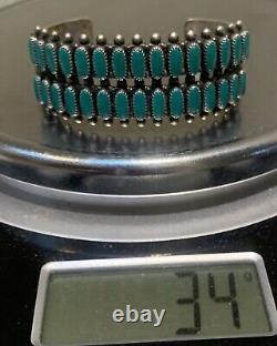 Vintage Zuni Sterling Silver Green Turquoise Row Cuff Bracelet