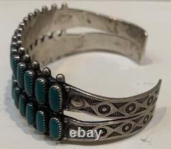 Vintage Zuni Sterling Silver Green Turquoise Row Cuff Bracelet