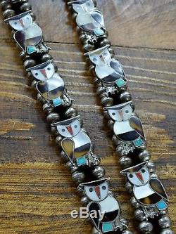 Vintage Zuni Sterling Silver Inlayed Owl Squash Blossom Style Necklace