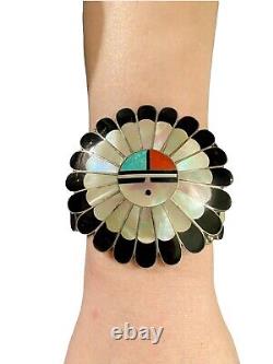 Vintage Zuni Sterling Silver, MOP, Onyx, Coral, Turquoise SUNFACE Cuff Bracelet