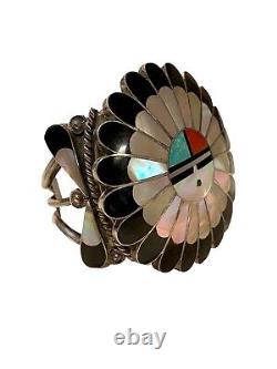 Vintage Zuni Sterling Silver, MOP, Onyx, Coral, Turquoise SUNFACE Cuff Bracelet