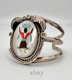 Vintage Zuni Sterling Silver Multi Gemstone Dancing Kachina Cuff Bracelet