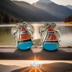 Vintage Zuni Sterling Silver Multi-Stone Channel Inlay Earrings Turquoise Coral