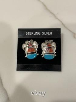 Vintage Zuni Sterling Silver Multi-Stone Channel Inlay Earrings Turquoise Coral