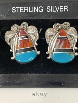 Vintage Zuni Sterling Silver Multi-Stone Channel Inlay Earrings Turquoise Coral