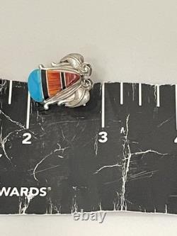 Vintage Zuni Sterling Silver Multi-Stone Channel Inlay Earrings Turquoise Coral