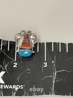 Vintage Zuni Sterling Silver Multi-Stone Channel Inlay Earrings Turquoise Coral