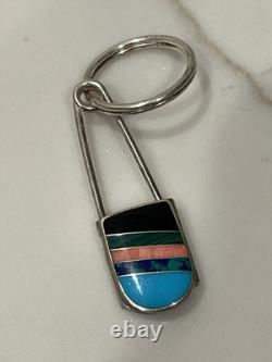 Vintage Zuni Sterling Silver Multi-Stone Channel Inlay Keychain 2.75in 8.9g