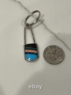 Vintage Zuni Sterling Silver Multi-Stone Channel Inlay Keychain 2.75in 8.9g