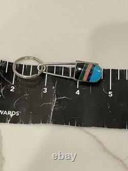Vintage Zuni Sterling Silver Multi-Stone Channel Inlay Keychain 2.75in 8.9g