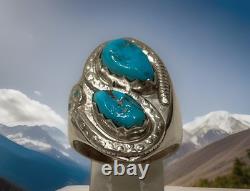 Vintage Zuni Sterling Silver Natural Turquoise Snake Ring Size 10.5 Signed 16g