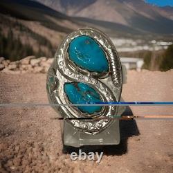 Vintage Zuni Sterling Silver Natural Turquoise Snake Ring Size 10.5 Signed 16g