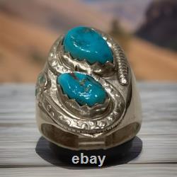 Vintage Zuni Sterling Silver Natural Turquoise Snake Ring Size 10.5 Signed 16g