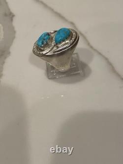 Vintage Zuni Sterling Silver Natural Turquoise Snake Ring Size 10.5 Signed 16g
