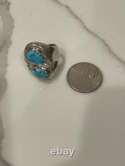 Vintage Zuni Sterling Silver Natural Turquoise Snake Ring Size 10.5 Signed 16g