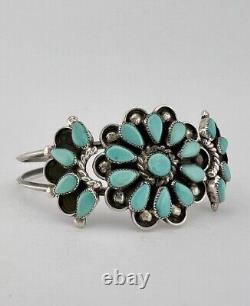 Vintage Zuni Sterling Silver Petit Point Natural Turquoise Cluster Cuff Bracelet