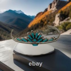 Vintage Zuni Sterling Silver Petit Point Natural Turquoise Sunburst Cuff 10g