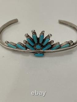 Vintage Zuni Sterling Silver Petit Point Natural Turquoise Sunburst Cuff 10g