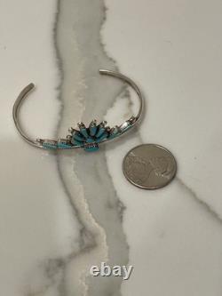 Vintage Zuni Sterling Silver Petit Point Natural Turquoise Sunburst Cuff 10g