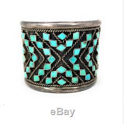 Vintage Zuni Sterling Silver Petit Point Turquoise Wide Cuff Bracelet