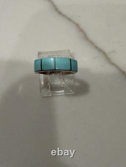 Vintage Zuni Sterling Silver Turquoise Channel Inlay Band Ring Size 5.5