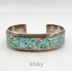 Vintage Zuni Sterling Silver Turquoise Fish Scale Flush Inlay Cuff Bracelet
