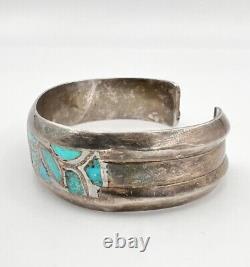 Vintage Zuni Sterling Silver Turquoise Fish Scale Flush Inlay Cuff Bracelet