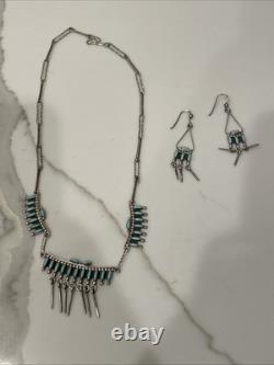 Vintage Zuni Sterling Silver Turquoise Necklace&Earrings Set 19 Signed
