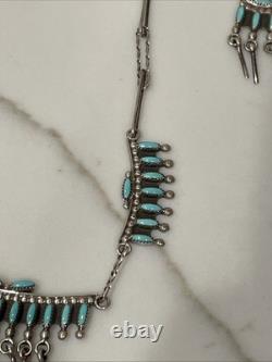 Vintage Zuni Sterling Silver Turquoise Necklace&Earrings Set 19 Signed Vintage Zuni Sterling Silver Turquoise Necklace&Earrings Set 19 Signed