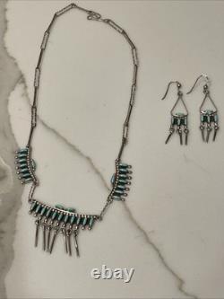 Vintage Zuni Sterling Silver Turquoise Necklace&Earrings Set 19 Signed