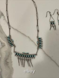 Vintage Zuni Sterling Silver Turquoise Necklace&Earrings Set 19 Signed