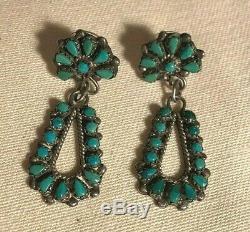 Vintage Zuni Sterling Silver & Turquoise Petite Point Dangle Earrings Signed