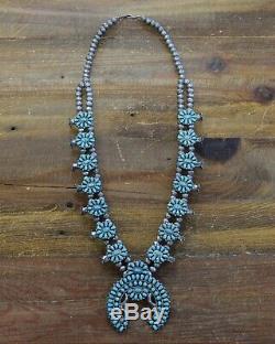Vintage Zuni Sterling Silver and Turquoise Petit Point Squash Blossom Necklace
