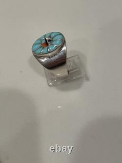 Vintage Zuni Sun Face Ring Sterling Silver Natural Turquoise Size 12.5 Signed