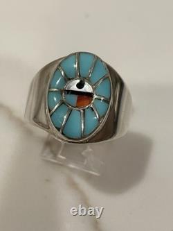 Vintage Zuni Sun Face Ring Sterling Silver Natural Turquoise Size 12.5 Signed