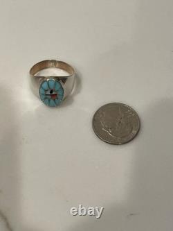 Vintage Zuni Sun Face Ring Sterling Silver Natural Turquoise Size 12.5 Signed