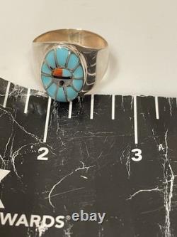 Vintage Zuni Sun Face Ring Sterling Silver Natural Turquoise Size 12.5 Signed
