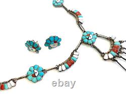 Vintage Zuni Sunface Multi Stone Sterling Silver Necklace Stud Earrings Set