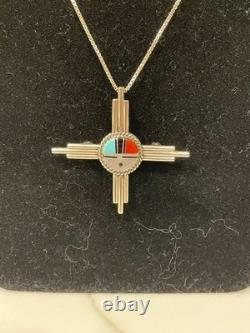 Vintage Zuni Sunface Zia Cross Pendant/Pin Sterling Silver Inlay Signed RBA 18