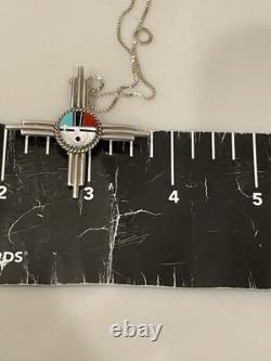 Vintage Zuni Sunface Zia Cross Pendant/Pin Sterling Silver Inlay Signed RBA 18