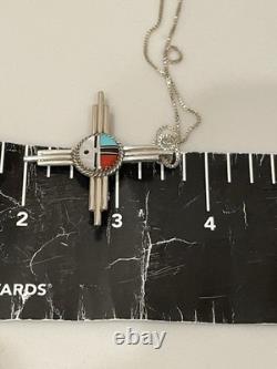 Vintage Zuni Sunface Zia Cross Pendant/Pin Sterling Silver Inlay Signed RBA 18