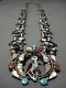 Vintage Zuni Turquoise Coral Sterling Silver Squash Blossom Necklace Old