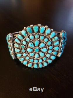 Vintage Zuni Turquoise Petit Point Cluster Cuff Sterling Bracelet